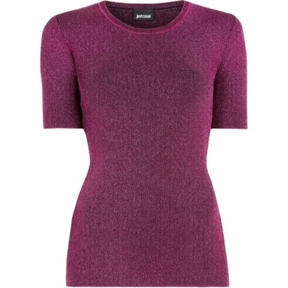JUST CAVALLI ✘ Pink Lurex Short Sleeve Ribbed Knit Crew Neck Top Italy, Sz. XS